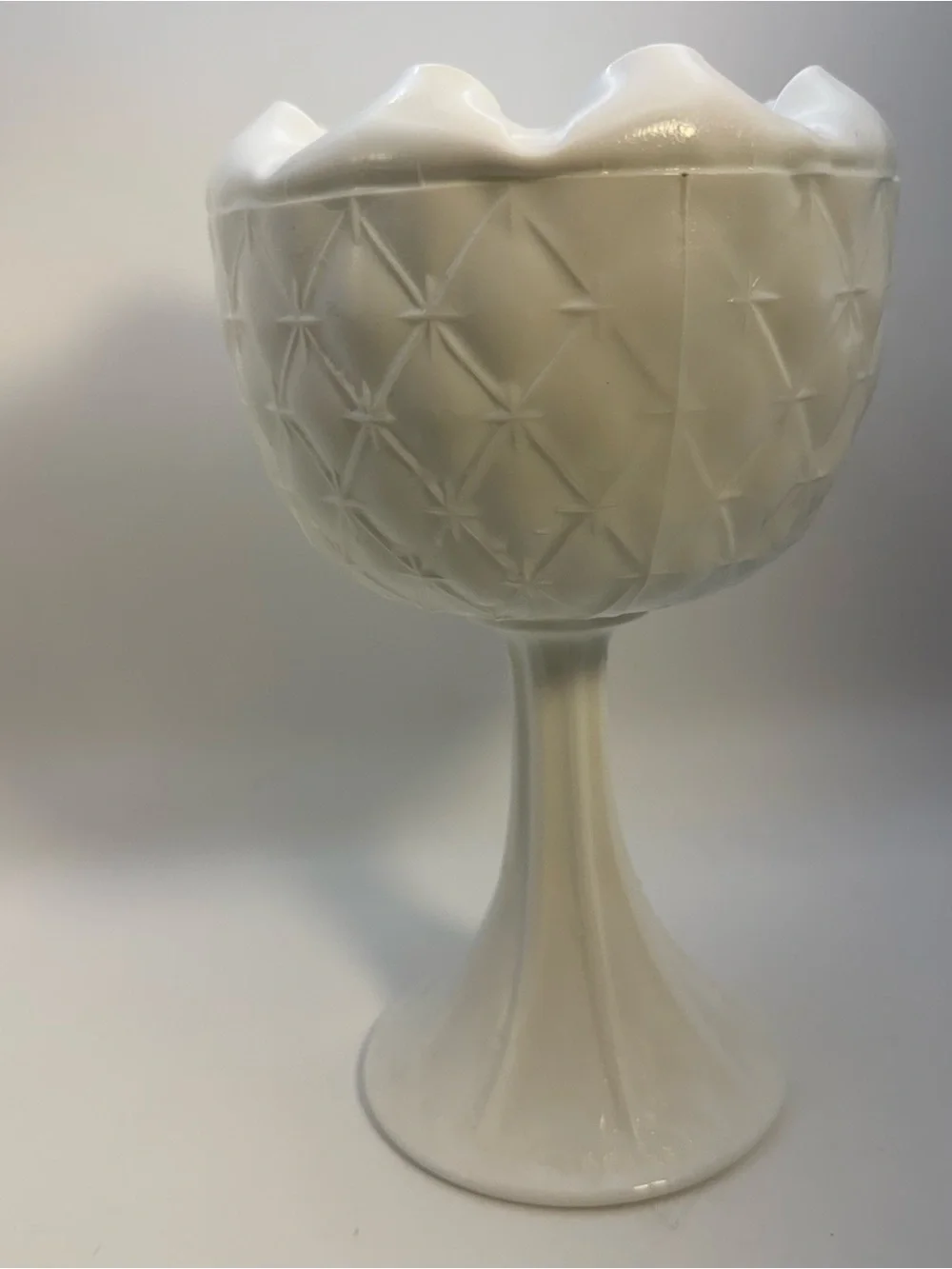 Vintage Milk Glass Compote Candy Pedestal Dish Quilted Duette Pattern 9” Cottage